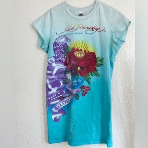 Vintage Y2K Graphic Tee Ed Hardy Death or Glory Shaded Teal Tattoo Tee